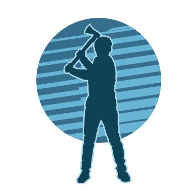 Balta sallayan bir erkek işçinin silueti. Balta sallayan bir orman oduncusunun silueti..