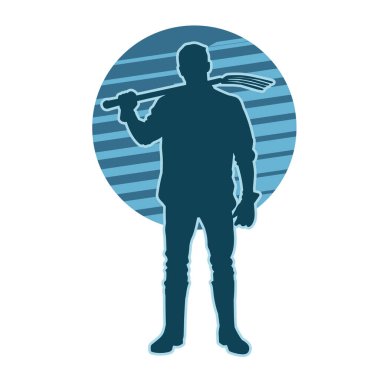 Elinde yaba tutan bir bahçıvanın silüeti. Çatal aletli bir inşaat işçisinin silueti..