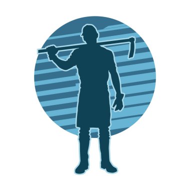 Kazma aleti sallayan bir işçinin silüeti. Bir erkek işçinin silueti. Güvenlik kaskı takıyor. Elinde yemek baltası var..