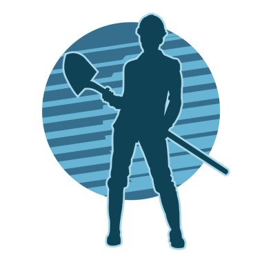 Elinde kürek aleti olan, miğfer takan bir kadın işçinin silüeti..