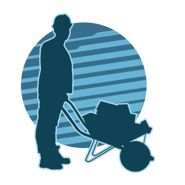 Bir erkek inşaat işçisinin silueti yürüyor ve bir el arabasını itiyor..