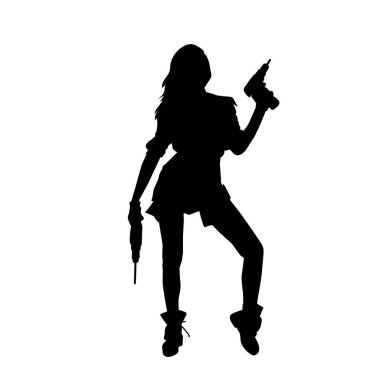 Elektrikli matkap tutan seksi, zayıf bir kadın işçinin silueti. Elektrikli matkap tutan bir kadın işçinin silueti..