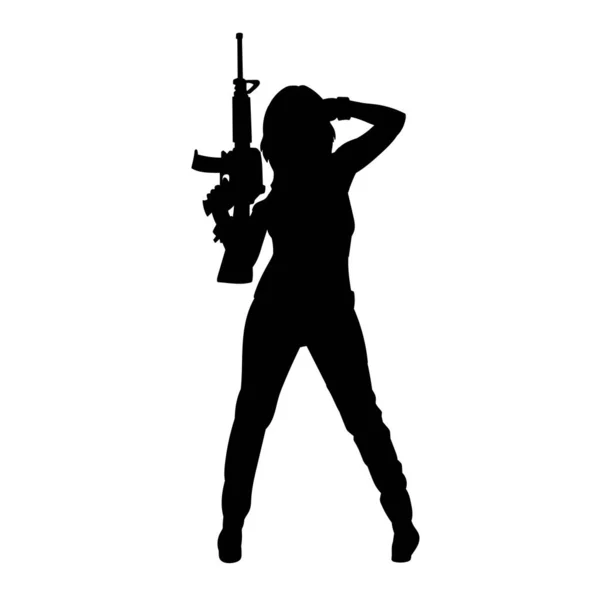 Silhuett Kvinnlig Soldat Med Maskingevär Silhuett Femme Fatale Med Skjutvapen — Stock vektor