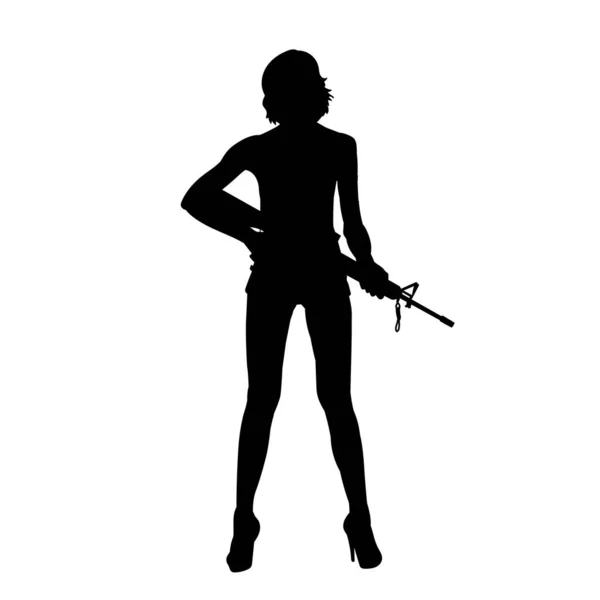 Silhouette Woman Soldier Holding Machine Gun Silhouette Femme Fatale Firearm — Stock Vector
