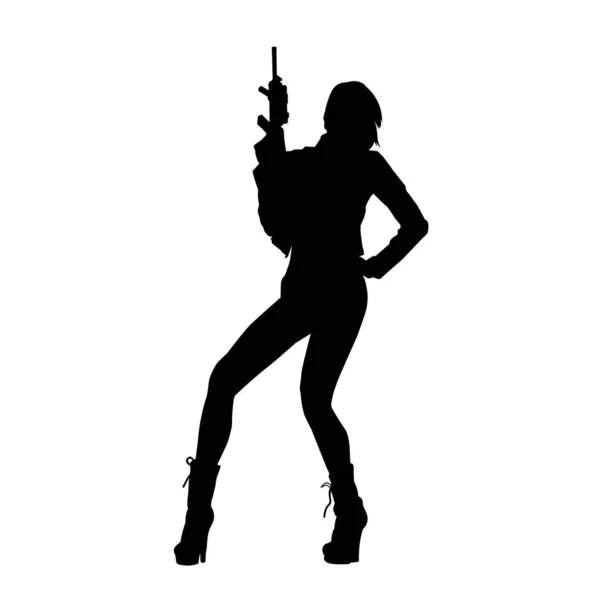 Силуэт Женщины Солдата Пулеметом Силуэт Роковой Женщины Огнестрельным Оружием — стоковый вектор
