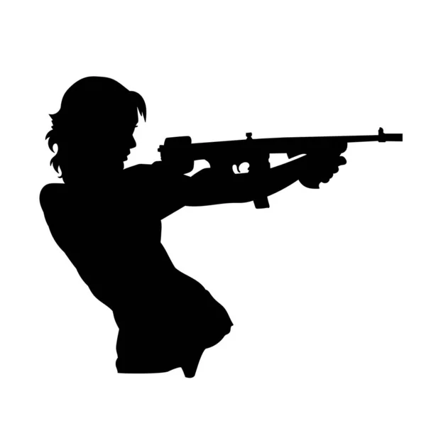 Silhouette Una Donna Soldato Possesso Mitragliatrice Silhouette Una Femme Fatale — Vettoriale Stock