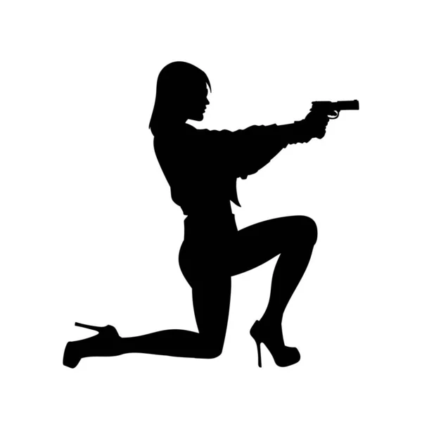 Siluet Dari Seorang Wanita Menggoda Memegang Pistol Femme Fatale Silhouette - Stok Vektor
