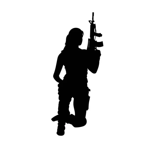 Silueta Una Mujer Soldado Con Ametralladora Silueta Una Mujer Fatal — Archivo Imágenes Vectoriales