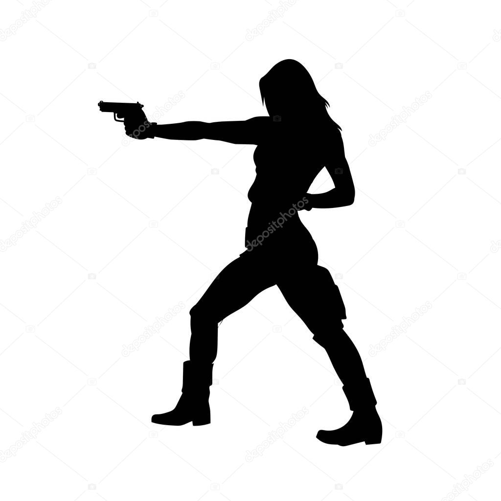 Silhouette of a seductive woman holding pistol gun. femme fatale silhouette. silhouette of a female detective.