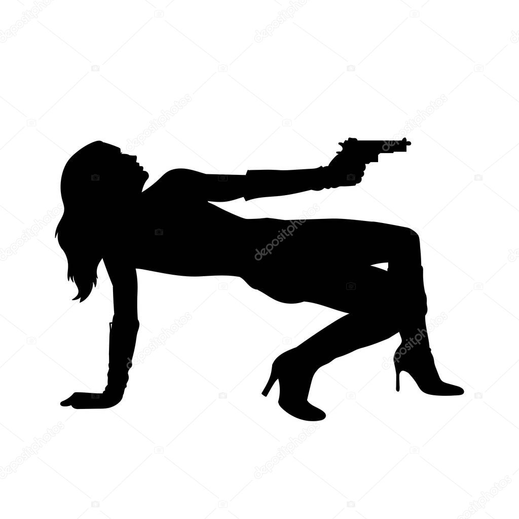 Silhouette of a seductive woman holding pistol gun. femme fatale silhouette. silhouette of a female detective.