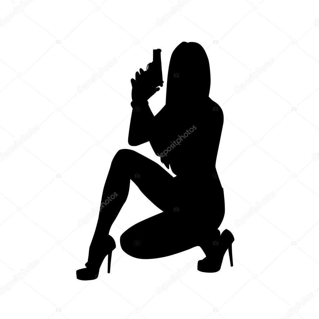 Silhouette of a seductive woman holding pistol gun. femme fatale silhouette. silhouette of a female detective.