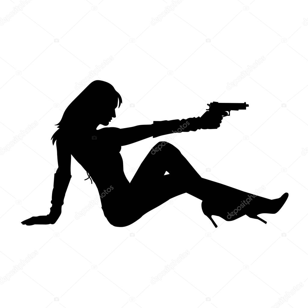 Silhouette of a seductive woman holding pistol gun. femme fatale silhouette. silhouette of a female detective.