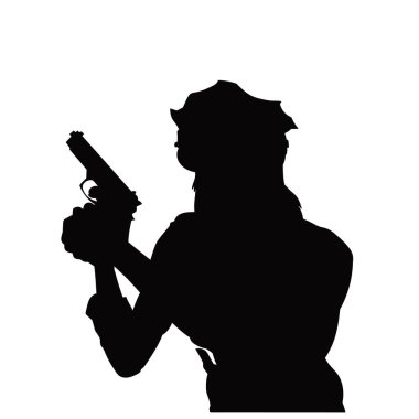 Kadın bir polisin silüeti tabancayı doğrultuyor. Tabanca tutan bir kadın polisin silüeti..