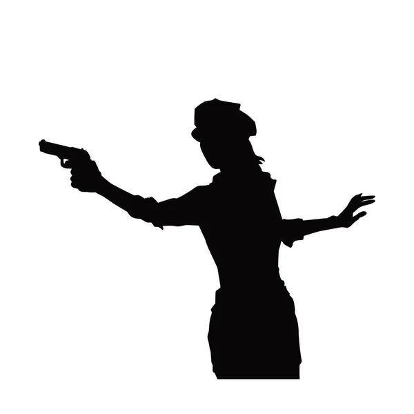 Siluet Seorang Wanita Polisi Menunjuk Pistol Siluet Polisi Wanita Memegang - Stok Vektor