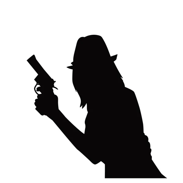 Silhouette Una Donna Detective Con Cappello Fedora Pistola Mano — Vettoriale Stock