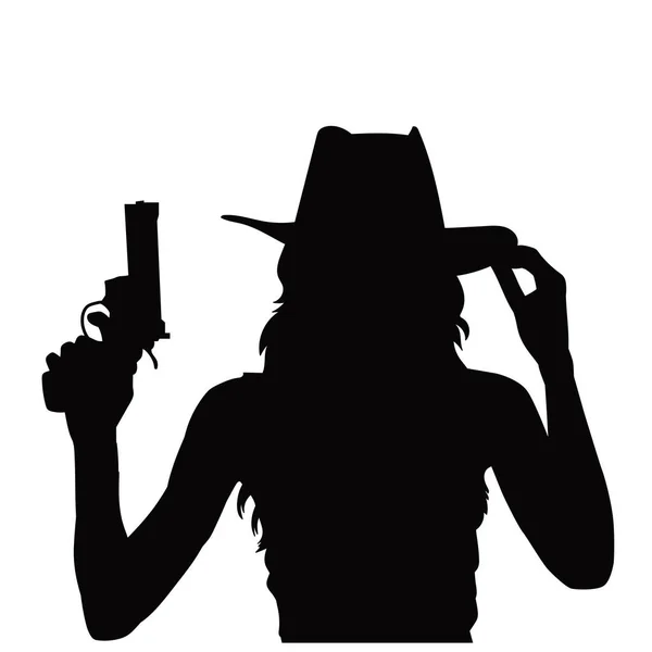 Silueta Kovbojky Pistolí Ruce Silueta Ženy Šerif Drží Zbraň Pistole — Stockový vektor
