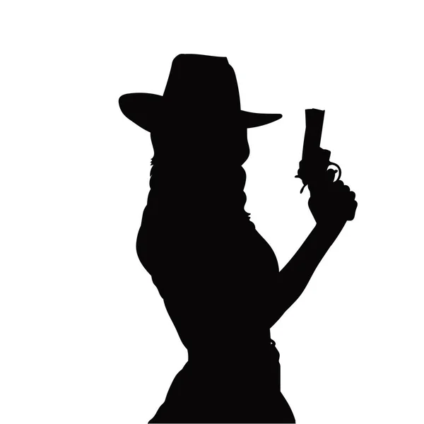 Silhouette Cowgirl Holding Handgun Silhouette Woman Sheriff Holding Pistol Weapon — Stock Vector