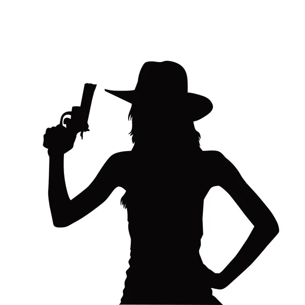 Siluet Dari Cowgirl Memegang Pistol Siluet Seorang Wanita Sheriff Memegang - Stok Vektor