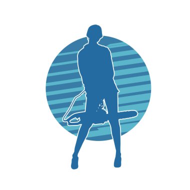 Elektrikli testereli seksi bir kadın işçinin silüeti. Elinde testere tutan bir oduncu gibi giyinmiş seksi kadın duruşu silueti..