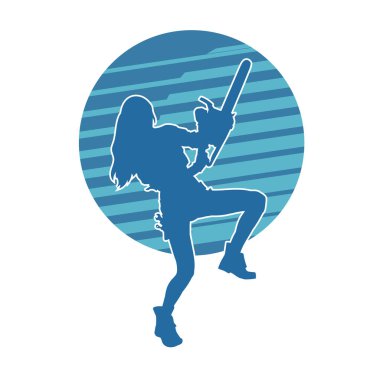 Elektrikli testereli seksi bir kadın işçinin silüeti. Elinde testere tutan bir oduncu gibi giyinmiş seksi kadın duruşu silueti..