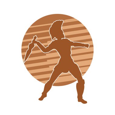 Romalı bir gladyatör silueti. Kılıçlı ve demir zırhlı bir savaşçı. Saldırı pozisyonu al..