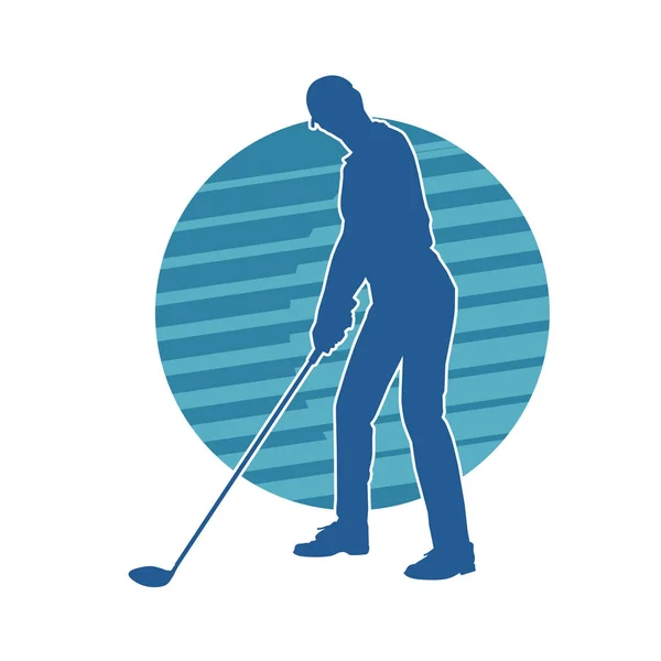 縞模様の背景を持つ男性のゴルフ選手のシルエット — ストックベクタ