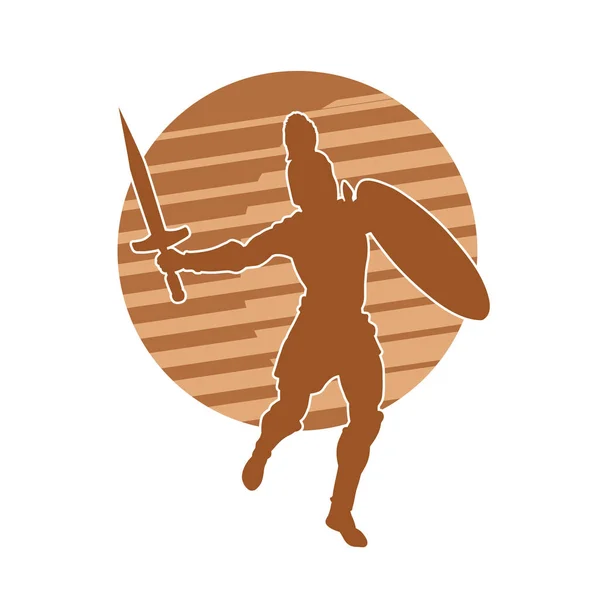 Silueta Soldado Gladiador Espartano Romano Guerrero Con Espada Escudo Hierro — Vector de stock