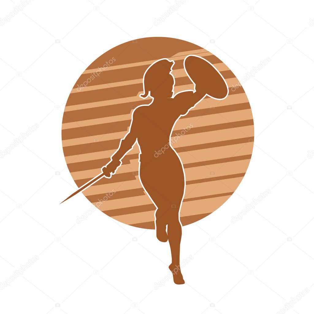 Silhouette of a roman spartan gladiator soldier warrior with spear and iron shield.
