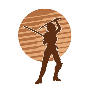 Kadın bir kılıç savaşçısı hareketinin silueti. Arka planda samuray bıçağı olan bir kadının silueti..