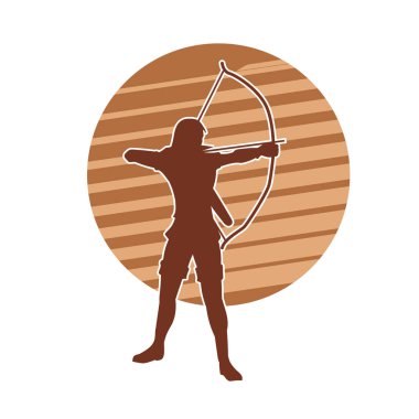 Hareket halindeki bir kadın okçunun silueti. Kemer ve yay ile gelen bir kadının silueti..