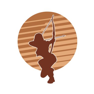 Hareket halindeki bir kadın okçunun silueti. Kemer ve yay ile gelen bir kadının silueti..