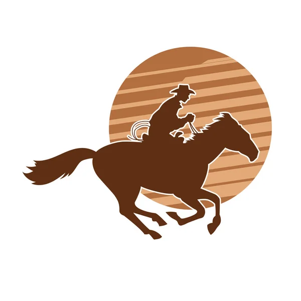 Silhueta Cowboy Montando Cavalo Com Corda Laço — Vetor de Stock