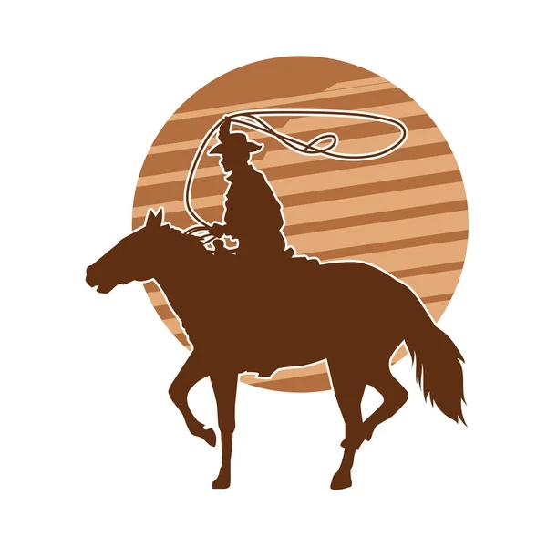 Silhouet Van Een Cowboy Een Paard Die Lasso Touw Gooit — Stockvector