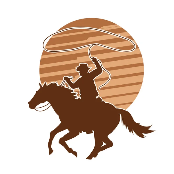 Silhouette Cowboy Che Cavalca Cavallo Lanciando Corda Lazo — Vettoriale Stock