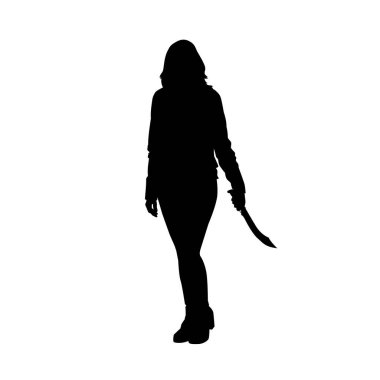 silhouette of a female fighter holding blade. silhouette of a woman warrior with a blade clipart