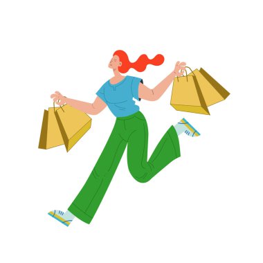 Düz resimli alışveriş torbaları olan mutlu bir kadın.