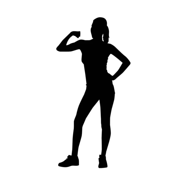 Silueta Una Mujer Delgada Sana Que Muestra Músculo Bíceps Silueta — Vector de stock