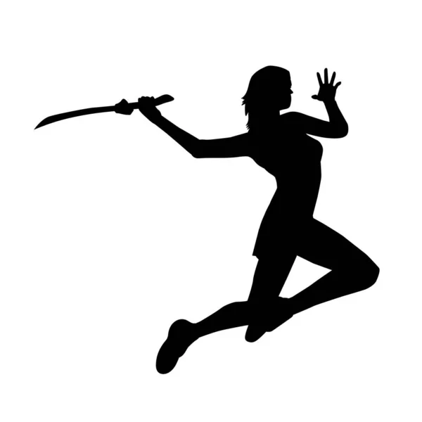 Silueta Una Guerrera Saltando Sosteniendo Espada Silueta Una Mujer Luchadora — Archivo Imágenes Vectoriales
