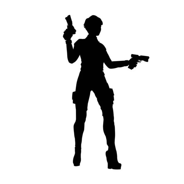 Silhueta Uma Mulher Com Pistola Ação Guerreira Fêmea Pose Com —  Vetores de Stock