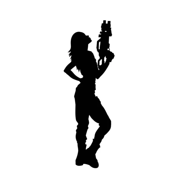 Silueta Una Soldado Con Ametralladora Silueta Una Mujer Guerrera Con — Archivo Imágenes Vectoriales