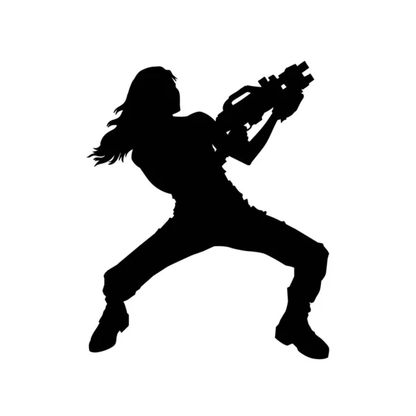 Silhuett Kvinnlig Soldat Med Maskingevär Silhuett Krigare Kvinna Med Skjutvapen — Stock vektor