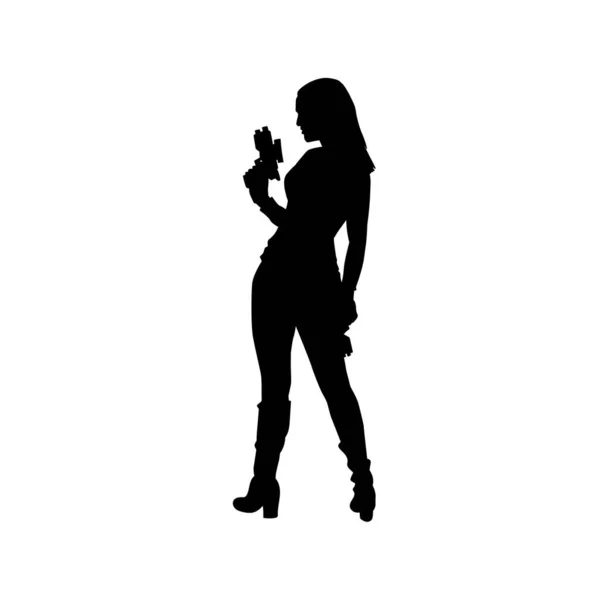 Silhouette Einer Frau Mit Pistole Kriegerin Posiert Mit Handfeuerwaffe — Stockvektor
