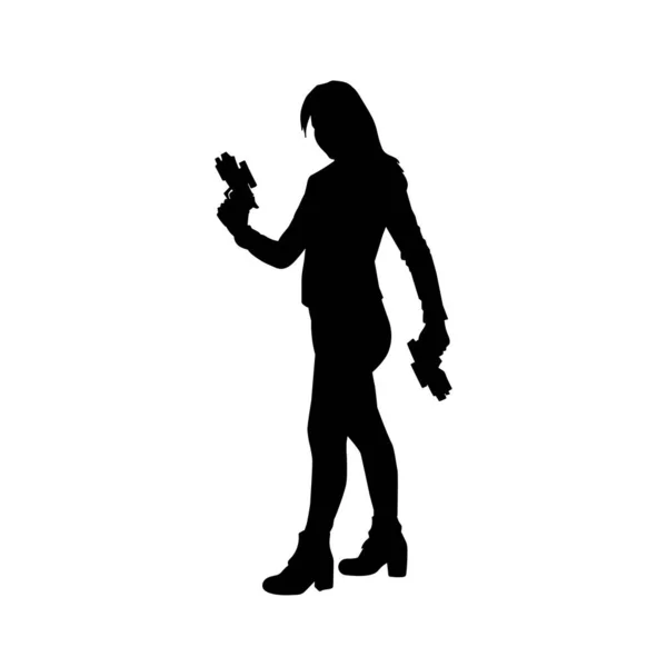 Silhouette Une Femme Tenant Pistolet Femelle Guerrier Action Pose Avec — Image vectorielle