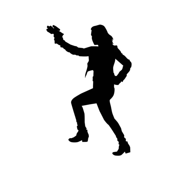 ピストル銃を持った女のシルエット 女戦士アクションポーズWithハンドガン — ストックベクタ
