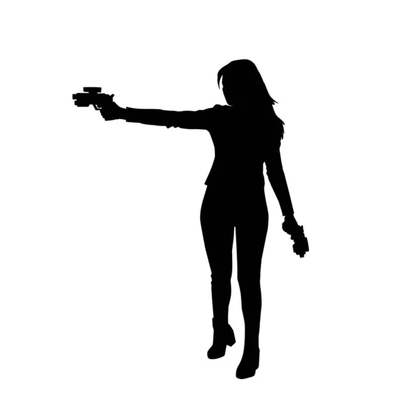 Siluet Seorang Wanita Memegang Pistol Prajurit Wanita Dengan Pistol Tangan - Stok Vektor