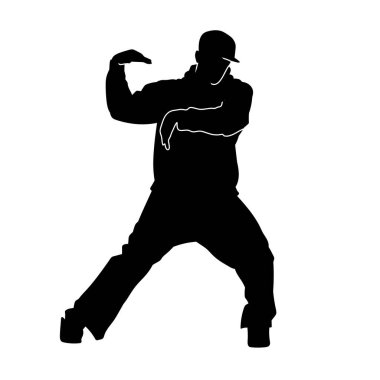 Enerjik dansçı pozunun silueti. Dinamik pozisyondaki bir erkek dansçının silüeti..