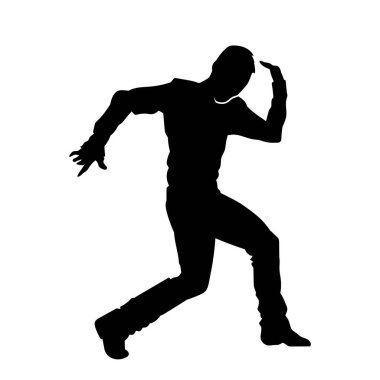 Enerjik dansçı pozunun silueti. Dinamik pozisyondaki bir erkek dansçının silüeti..
