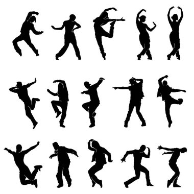 Siluet koleksiyonu, enerjik dansçılar aksiyon pozu. Modern bir dansçının dinamik pozdaki silueti..