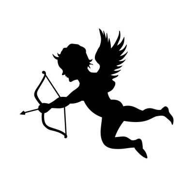 Bir aşk tanrısının ok atan silueti. Kanatlı aşk sembolünün silueti, ok ve yaylı..