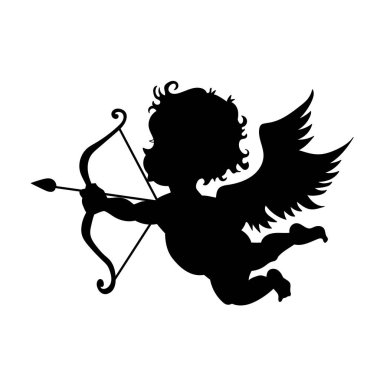 Bir aşk tanrısının ok atan silueti. Kanatlı aşk sembolünün silueti, ok ve yaylı..